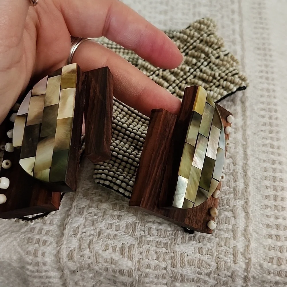 Womens belt, wooden latch design, seed bead with shell design, stretch belt boho